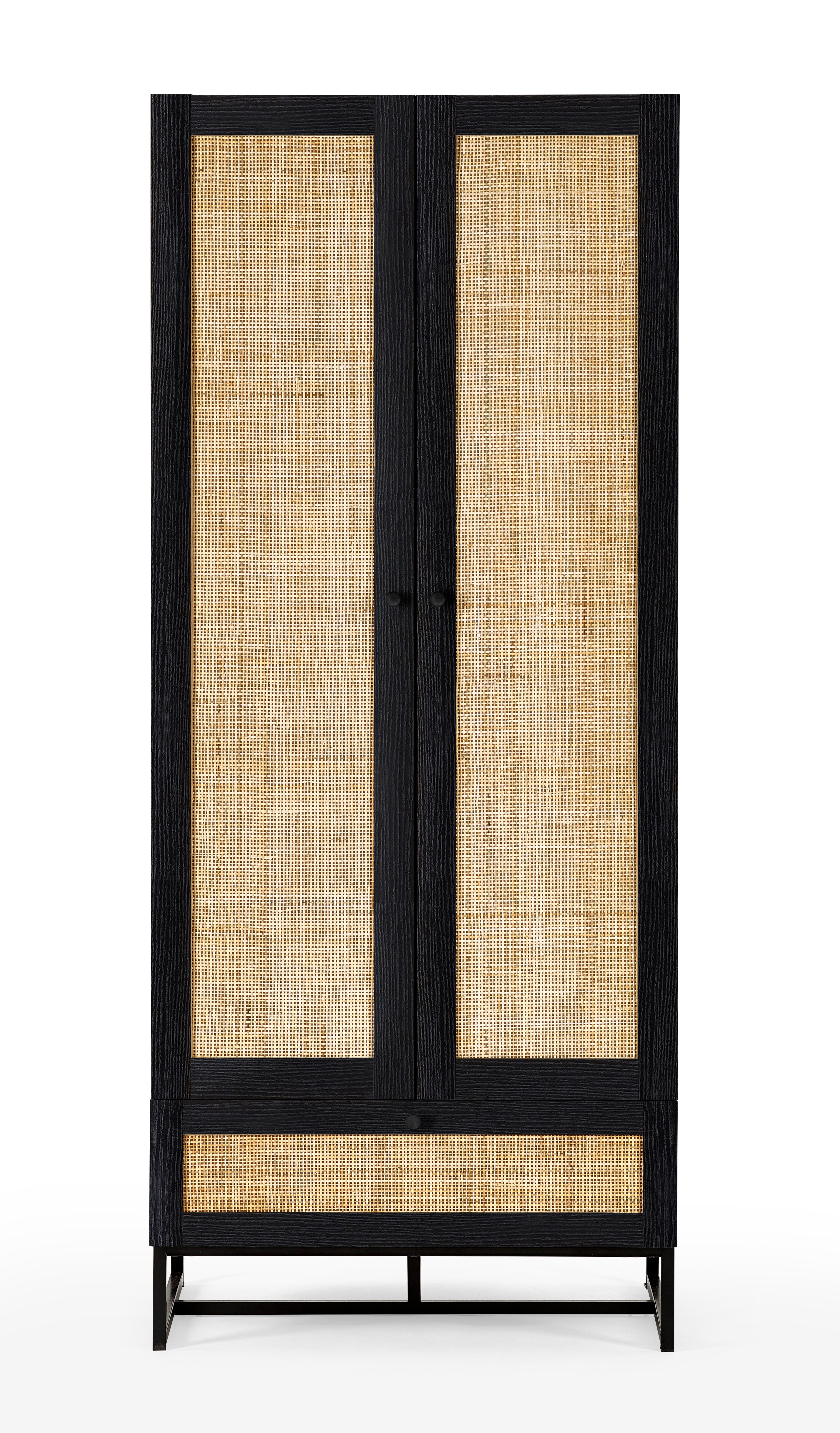 Clermont Black Oak Wood & Rattan Wardrobe